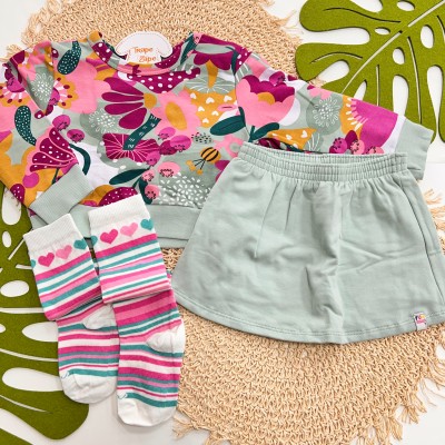  Inverno 2025 - Conj. Blusa Joaninhas, Short Saia e Meias Corações - Lilás e Verde